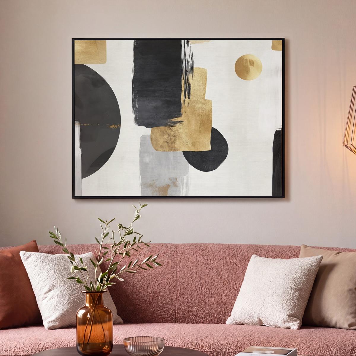 LEINWAND Bilder mit Rahmen - Gold - Rechtecke - Kreise - Abstrakt - 100x70 - Weiß, Textil (100/70cm) - MuchoWow