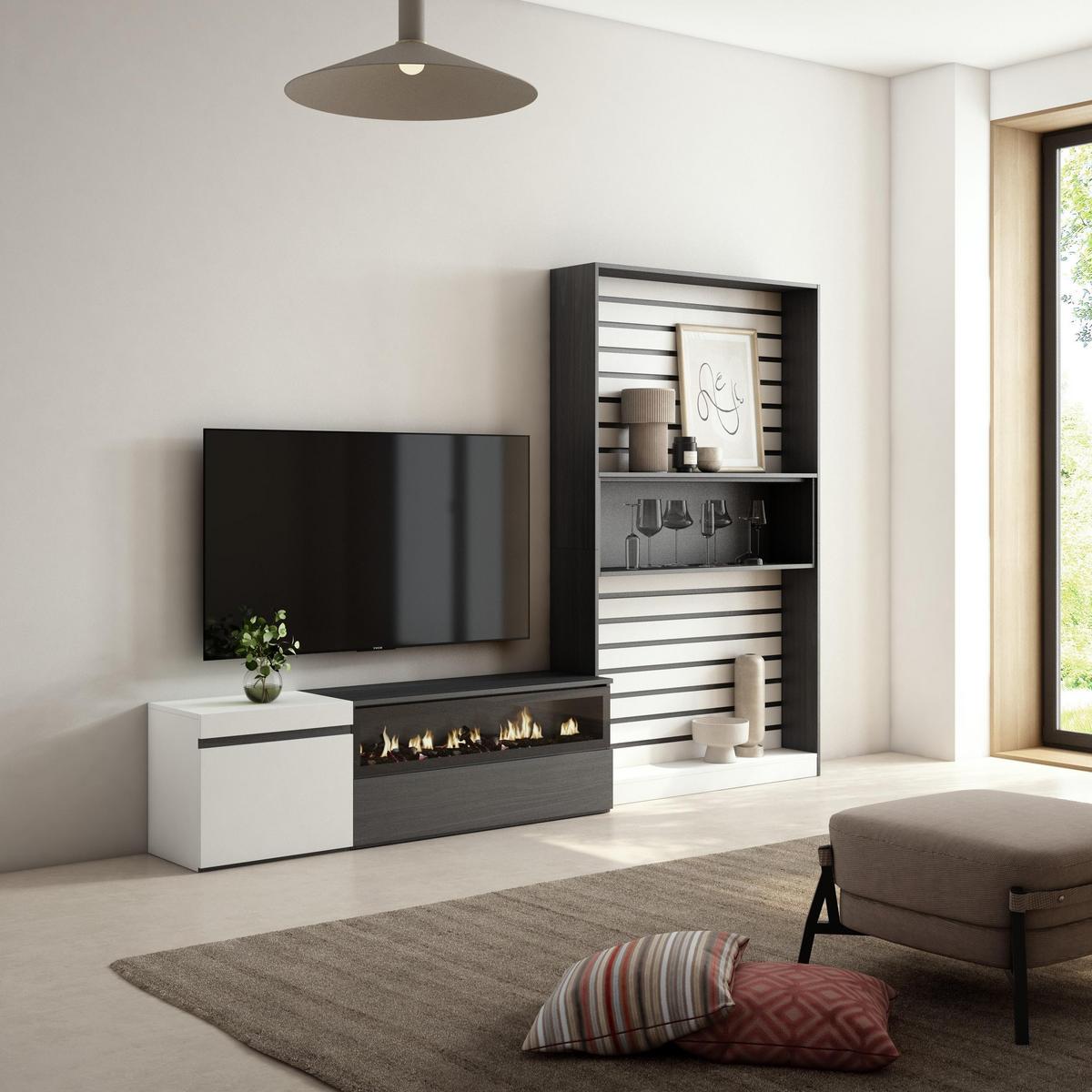 WOHNWAND Elektrokamin, weiß, schwarz, 260/35/186cm - Schwarz/Weiß, Holzwerkstoff (260/186/35cm) - Skraut Home