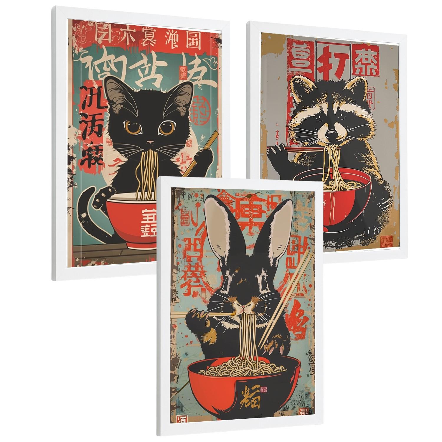 POSTER 3er Set Japanische Ramen Tier-Wandbilder Katze Waschbär und Hase Nudeln Küche Wanddeko Rahmenlos A4 - Weiß, Papier (29.7/1/21cm) - Nacnic