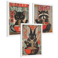 POSTER 3er Set Japanische Ramen Tier-Wandbilder Katze Waschbär und Hase Nudeln Küche Wanddeko Rahmenlos A4 - Weiß, Papier (29.7/1/21cm) - Nacnic