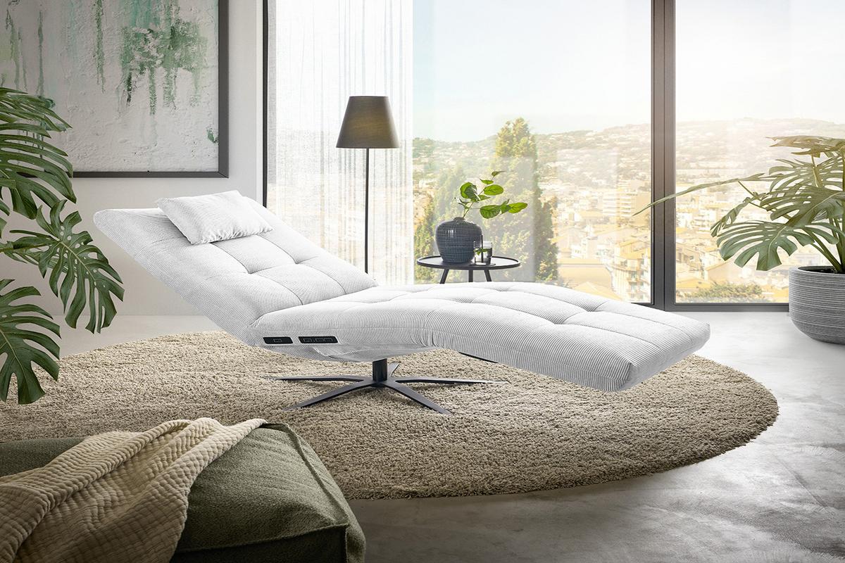 RELAXLIEGE LETICIA Weiß Cord Drehbar (360°), Relaxfunktion - Schwarz/Weiß, Textil/Metall (82/115/156cm) - KAWOLA