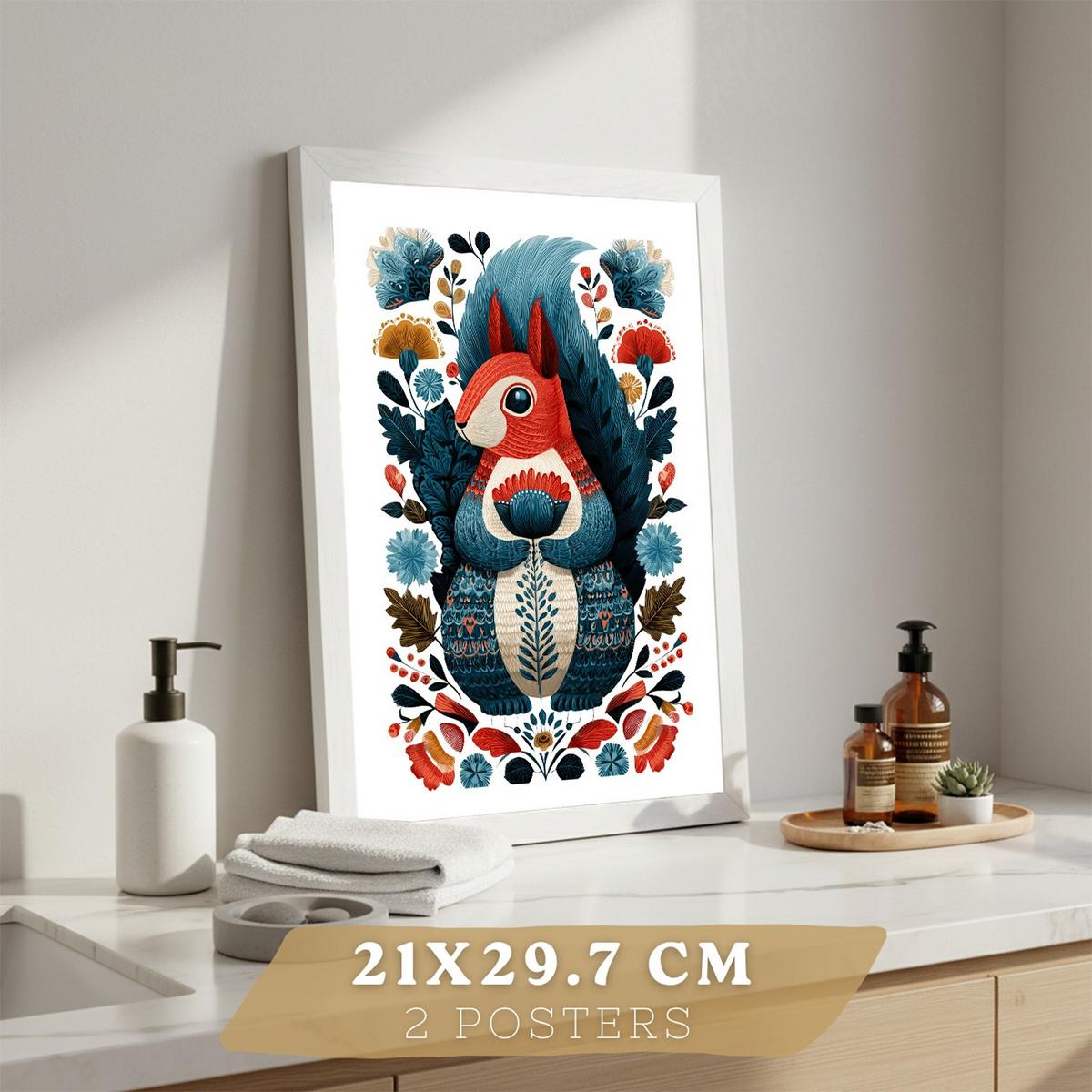 POSTER 2er-Set moderne Kunstdrucke im Folk-Stil, Katzen- und Eichhörnchen-Dekorationsbilder, farbenfrohe Blumenposter für Wohnzimmer Weißer Rahmen A4 - Weiß, Papier (29.7/21/3cm) - Nacnic
