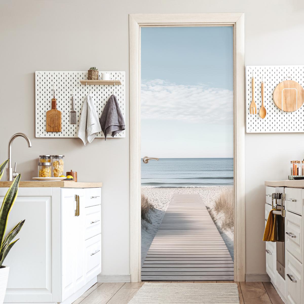 TÜRAUFKLEBER Pfad - Strand - Dünen - Natur 90x235 cm - Türtapete - Hellgrau, Kunststoff (90/0.1cm) - MuchoWow