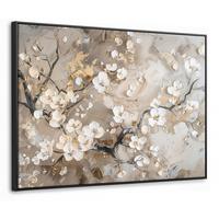 LEINWAND Bilder mit Rahmen - Blumen - Weiß - Gold - Beige - Luxus - 80x60 - Greige, Textil (80/60cm) - MuchoWow