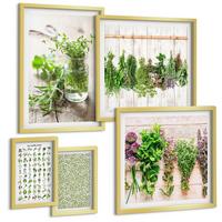 BILDER SET 5er Set - 50x50 cm & 20x30 cm & 40x60 cm Goldrahmen - Getrocknete Kräuter für die Küche - Goldfarben, Kunststoff (40/60cm) - TULUP