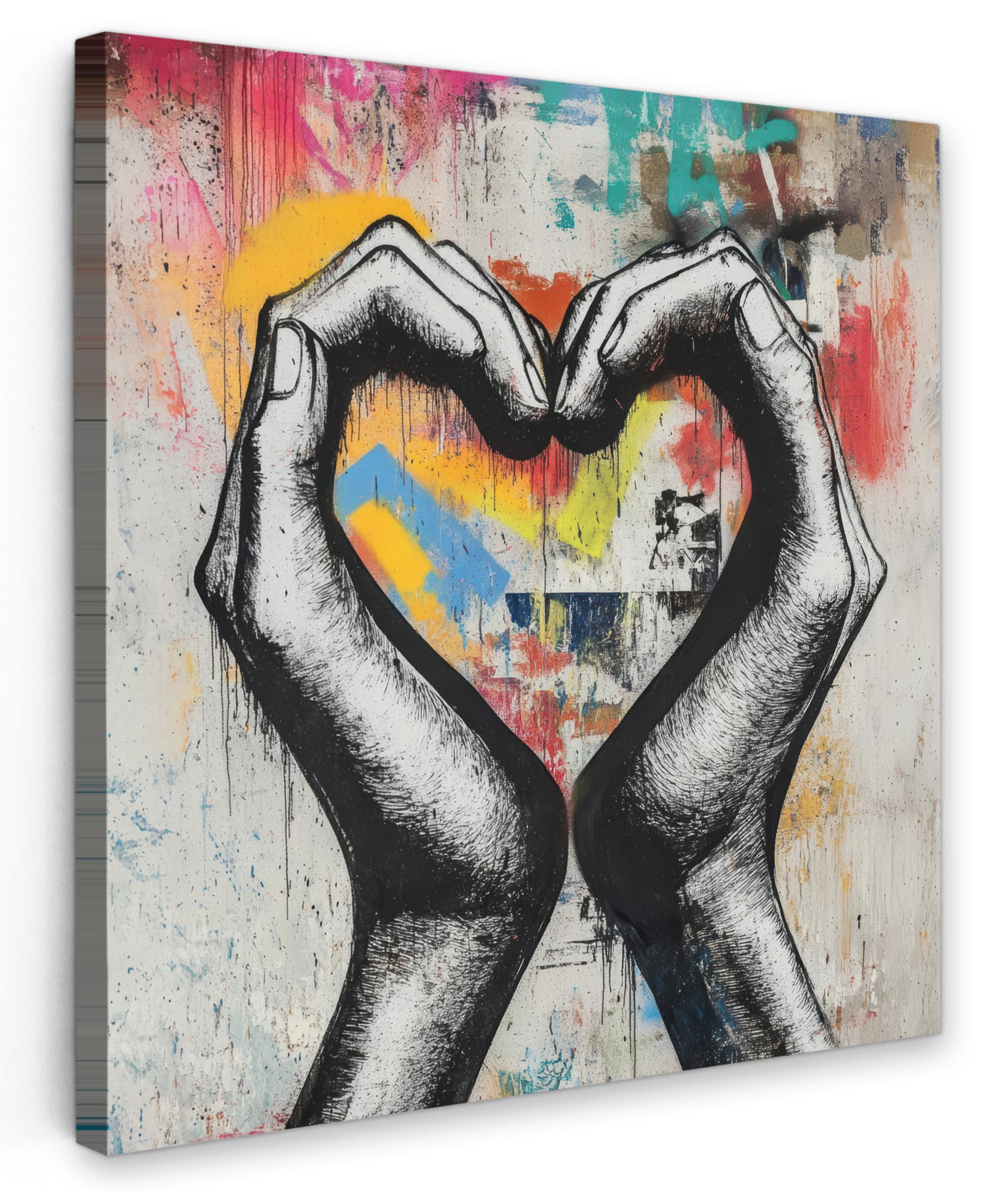 LEINWANDBILD Hände - Herz - Straßenkunst - Graffiti Deko Wohnzimmer 20x20 cm - Multicolor, Textil (20/20cm) - MuchoWow