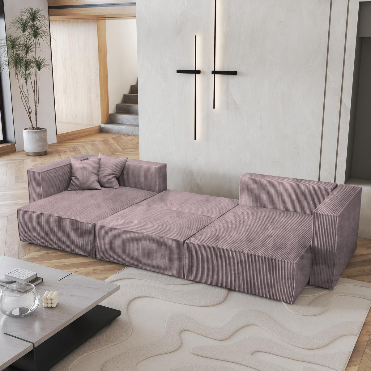 WOHNLANDSCHAFT SARMO P Lila Kordstoff mit Schlaffunktion - Lila/Grau, Holz/Kunststoff (347/70/148cm) - MASSENO