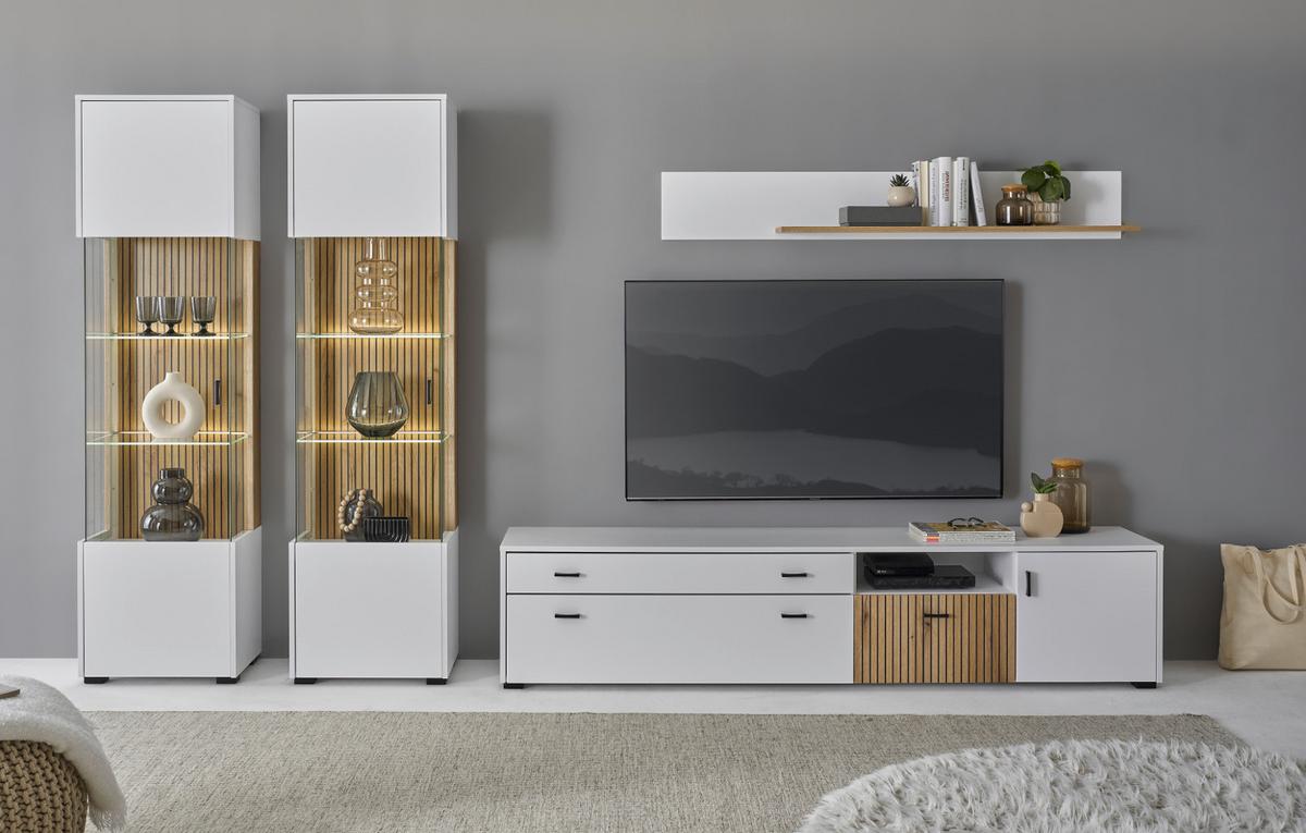 WOHNWAND 4-teilig matt weiß, Eiche 316 x 180 cm, Wohnkombination mit 2 x Vitrine und Soft-Close - Eichefarben/Schwarz, Glas/Holzwerkstoff (316/180/42cm) - Furn.Design