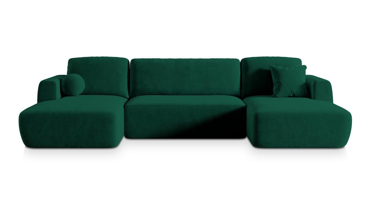 WOHNLANDSCHAFT SENTUM K Grün Plüsch-Stoff mit Schlaffunktion - Schwarz/Grün, Holz/Kunststoff (330/90/148cm) - MASSENO