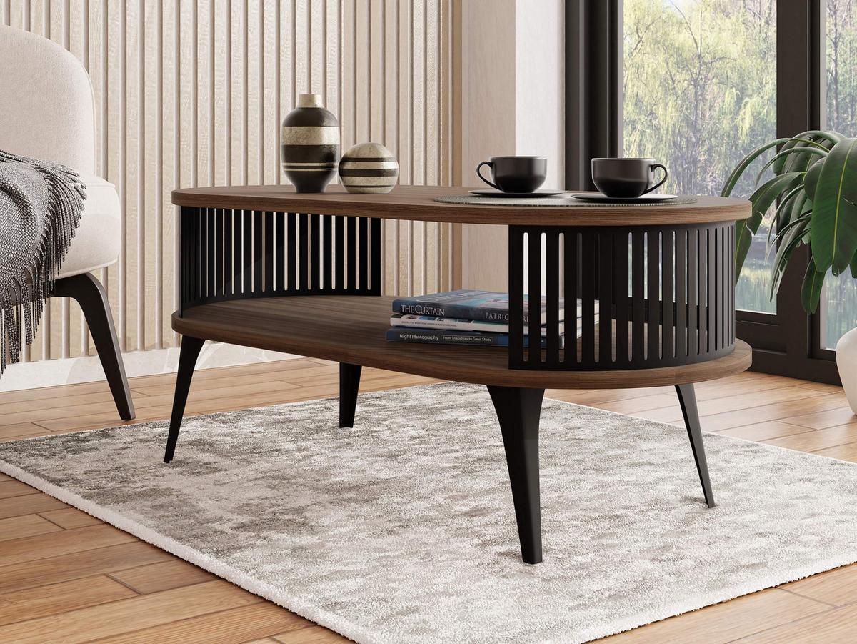 COUCHTISCH Roenni Oval - Nussbaumfarben/Schwarz, Holzwerkstoff/Metall (100/50/44cm) - MIRJAN24