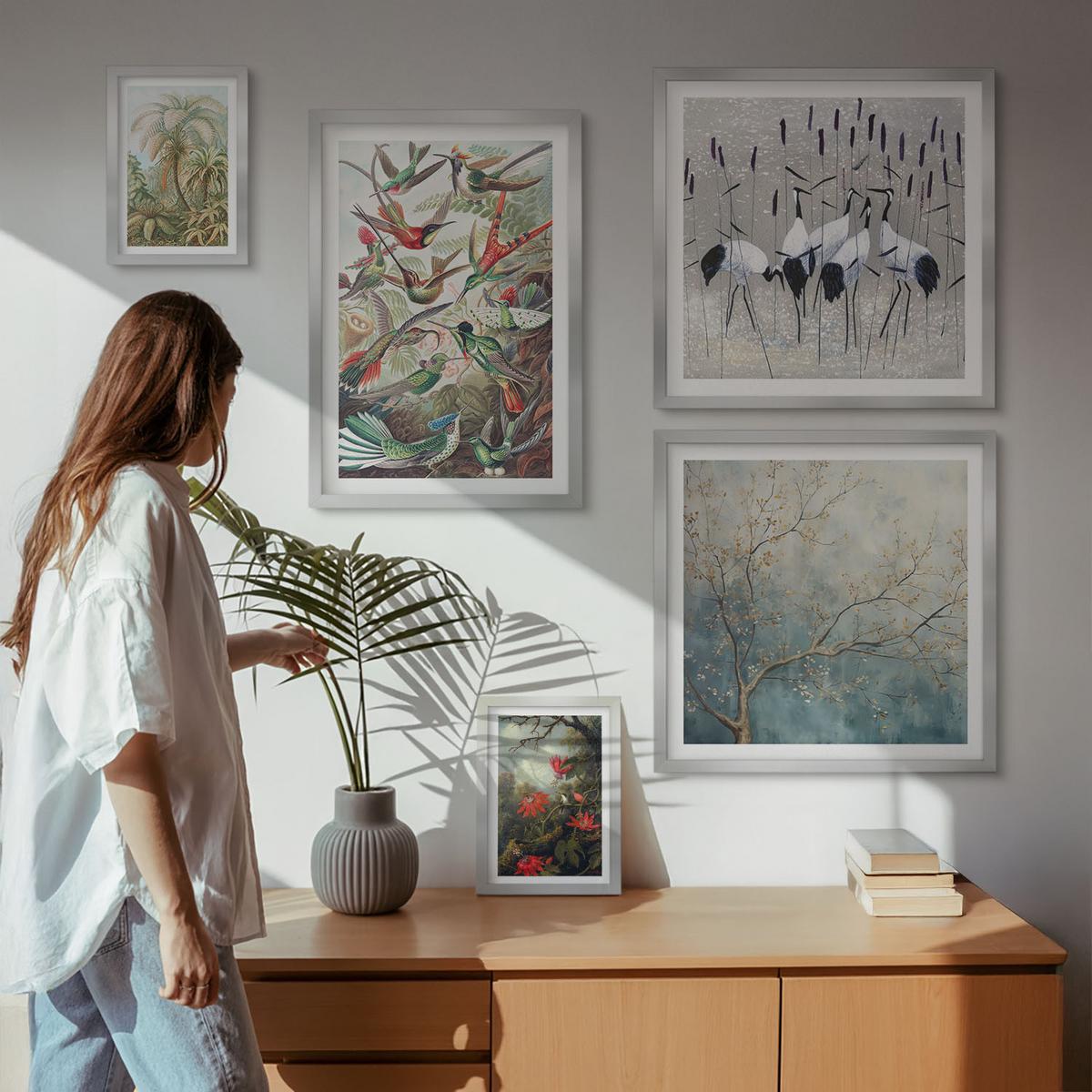 BILDER SET 5er Set - 50x50 cm & 20x30 cm & 40x60 cm Silberner Rahmen - Pastellfarbene Berglandschaft mit rosa Flamingos - Silberfarben, Kunststoff (40/60cm) - TULUP