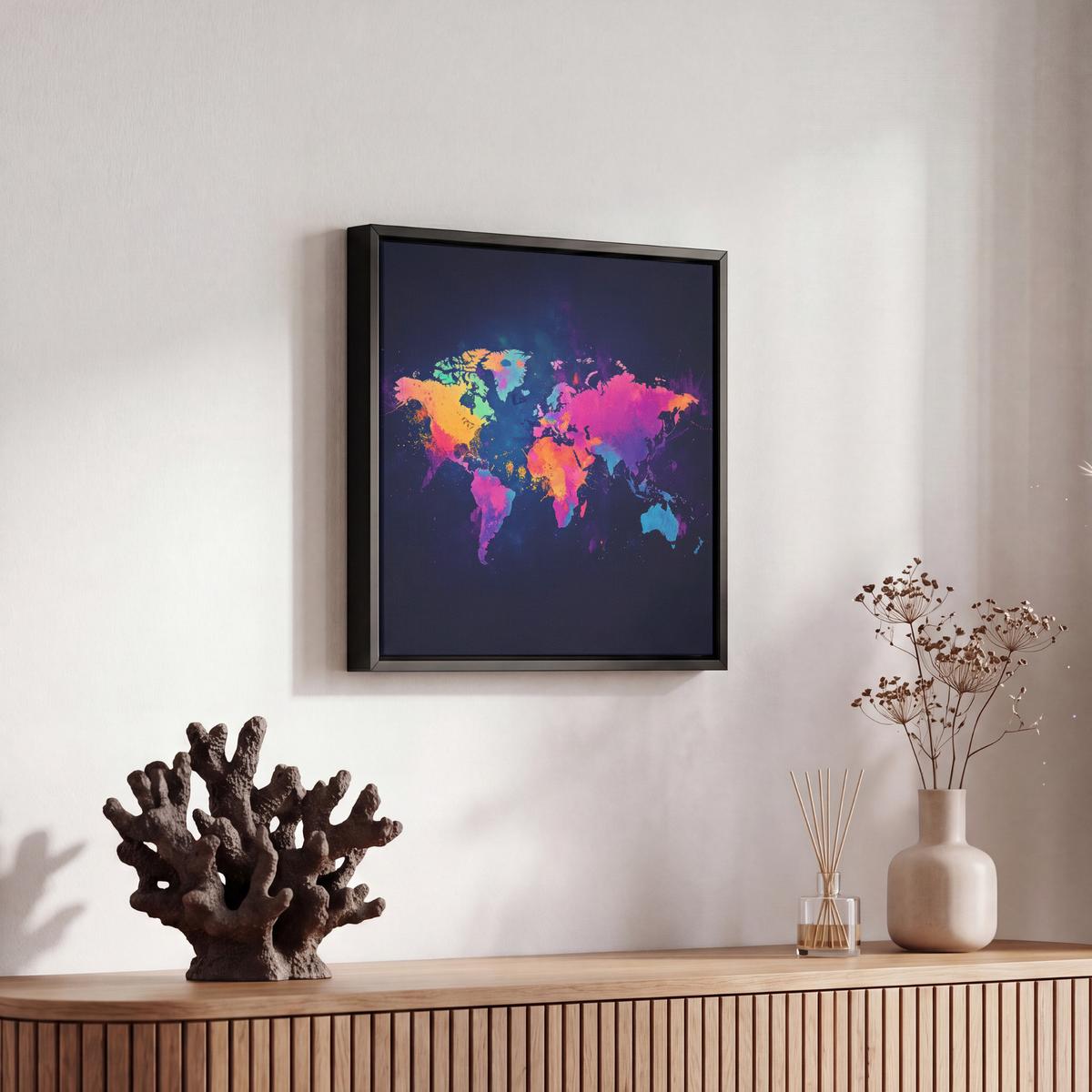 LEINWAND Bilder mit Rahmen - Weltkarte - Bunt - Graffiti - 20x20 - Multicolor, Textil (20/20cm) - MuchoWow