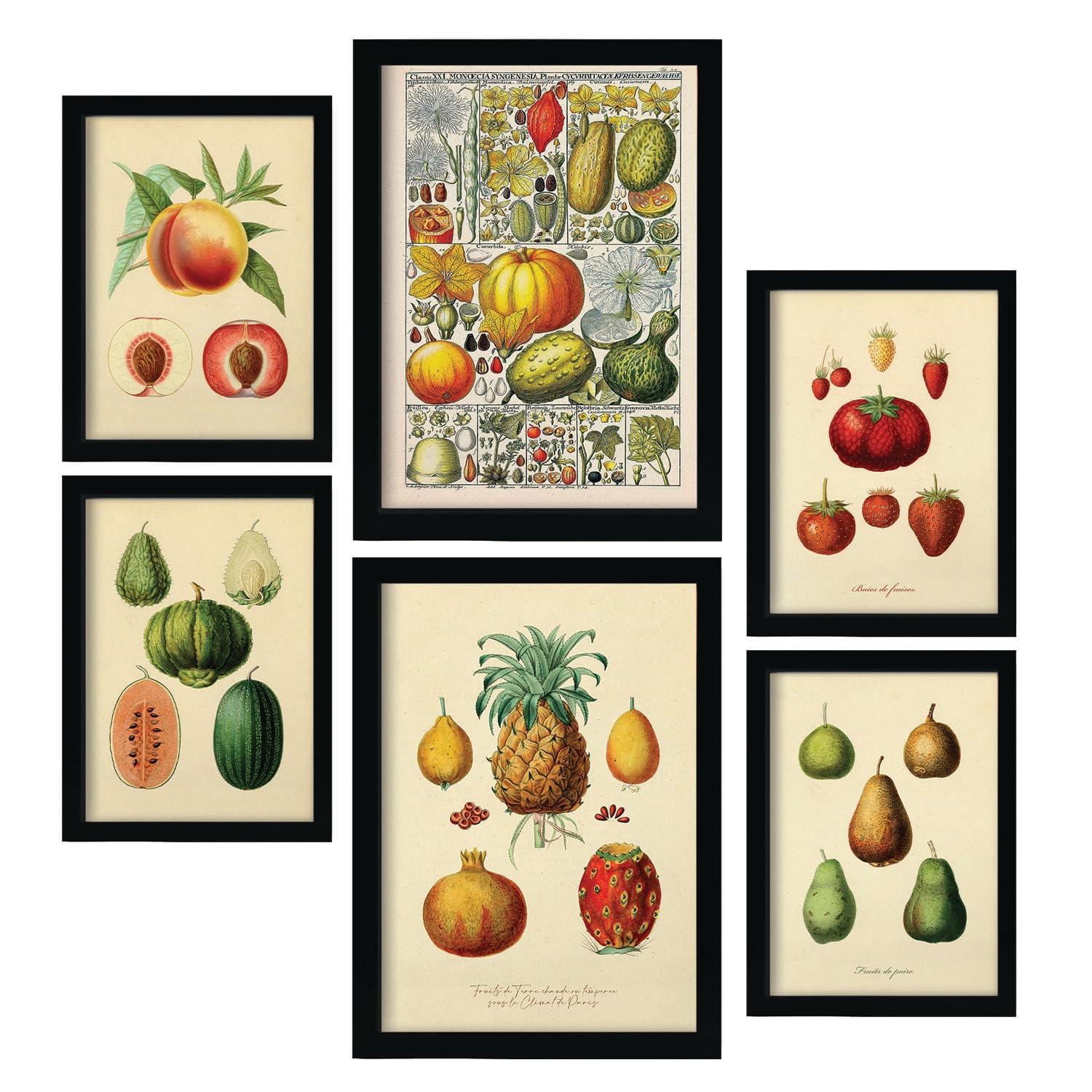 POSTER Set Mit 6 Gesund In Vintage A3 & A4 Schwarzer Rahmen - Schwarz, Papier (29/3cm) - Nacnic