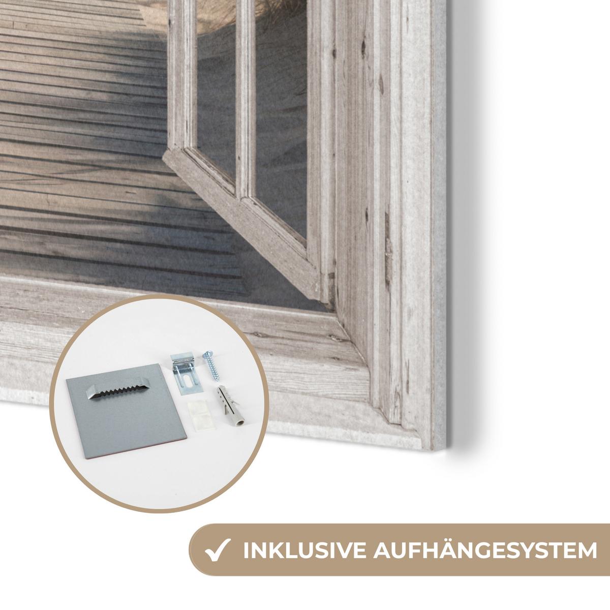AKUSTIKBILD Fenster - Meer - Küste - Natur - Ausblick - Strand - Wattenmeer Kunstdruck Schlafzimmer 50x70 cm - Beige, Kunststoff (50/70/0.9cm) - MuchoWow