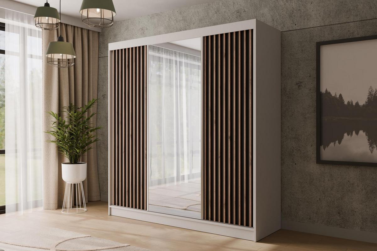 KLEIDERSCHRANK mit Spiegel V2-ZENTI 215x200 cm Weiß|Schwarz - Schwarz/Weiß, Holzwerkstoff (200/215/61cm) - ALTDECOR