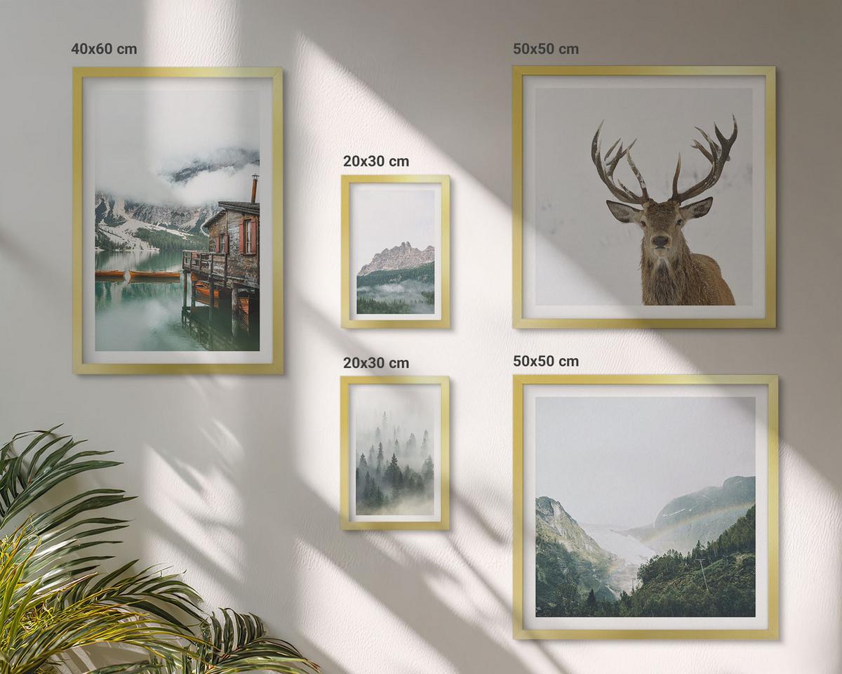 BILDER SET 5er Set - 50x50 cm & 20x30 cm & 40x60 cm Goldrahmen - Berge, See, Hirsche, Hütte, Nebel - Goldfarben, Kunststoff (40/60cm) - TULUP