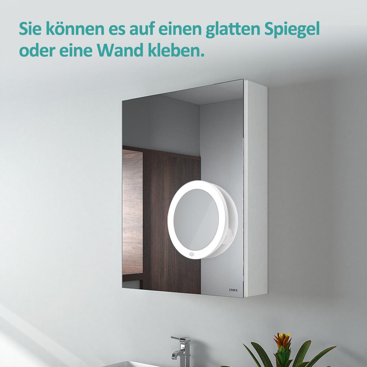 KOSMETIKSPIEGEL mit Licht mit Saugnapf 5X Vergrößerung Weiß ф16,5 cm - Weiß, Glas (16.5/16.5/16.5cm) - EMKE