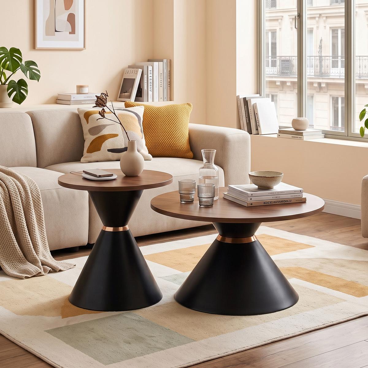 COUCHTISCH-SET Walnussoptik & Metall Schwarz Konusform - Walnussfarben, Metall (70/70/42.5cm) - Urban Meuble