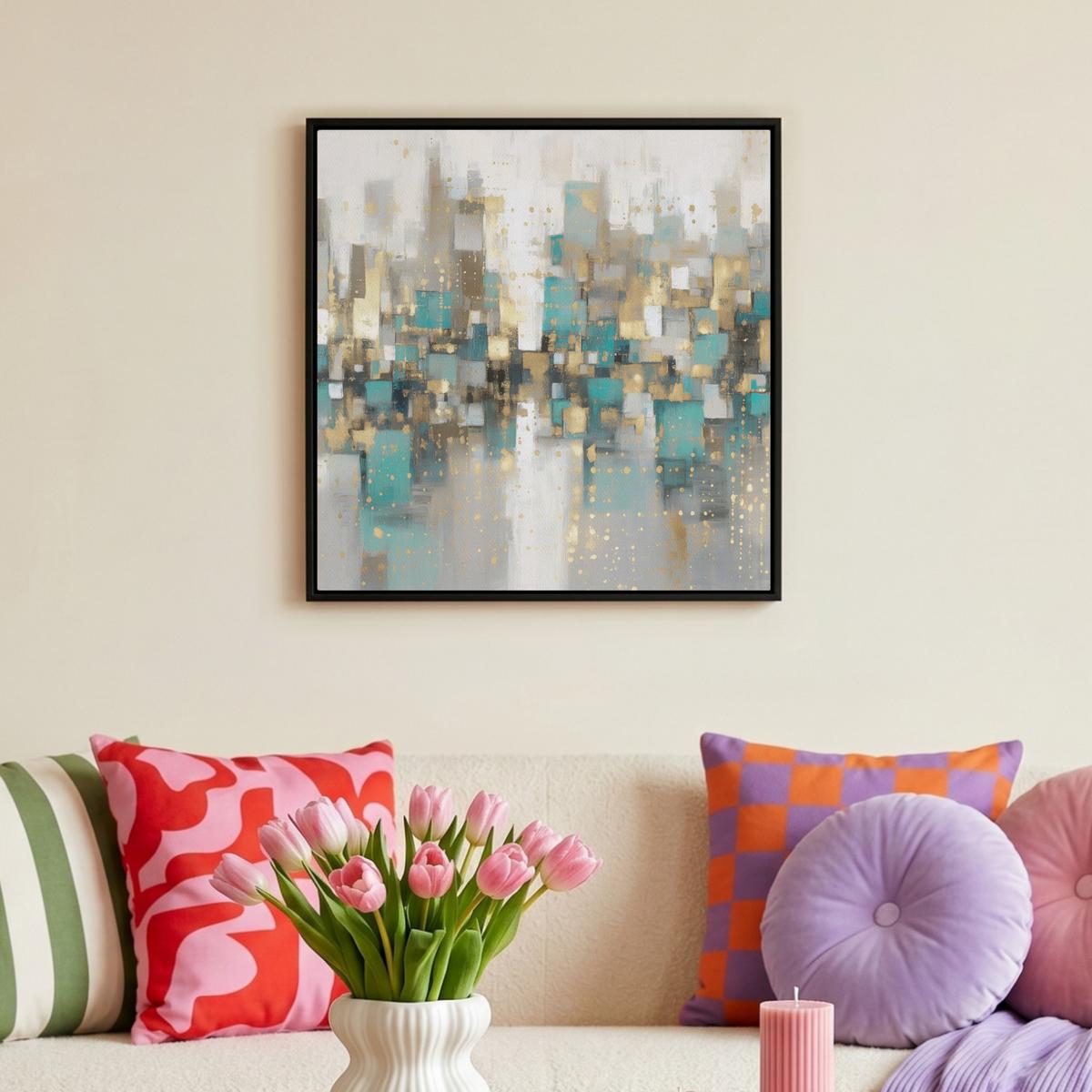 LEINWAND Bilder mit Rahmen - Abstrakt - Blöcke - Gold - Skyline - 50x50 - Beige, Textil (50/50cm) - MuchoWow