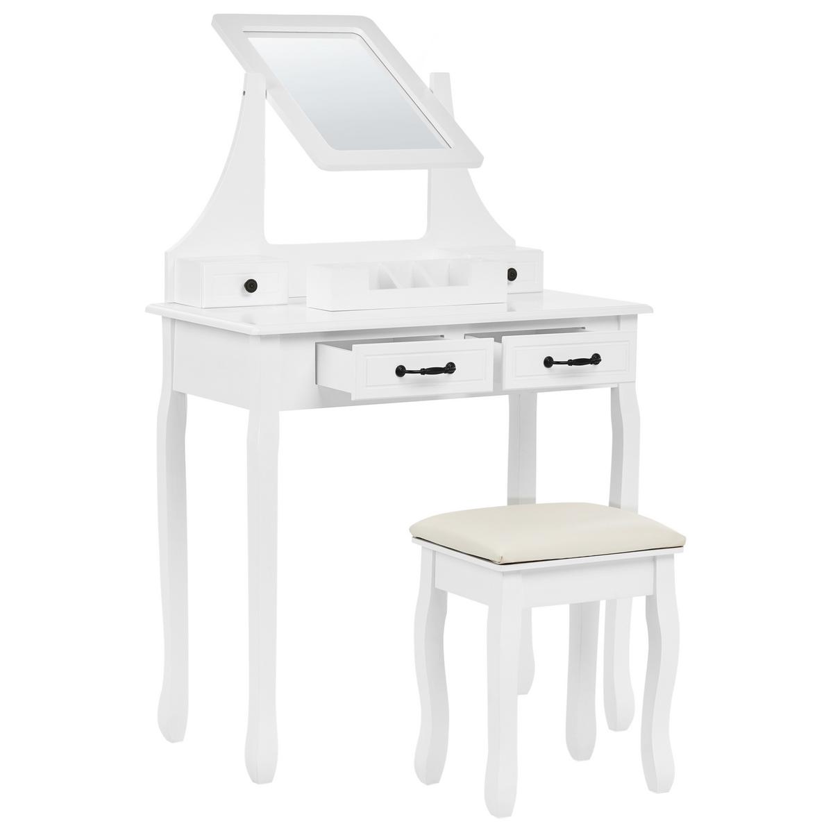 SCHMINKTISCH mit Spiegel und Hocker Weiß Rayon - Weiß, Holzwerkstoff (80/139/40cm) - Beliani