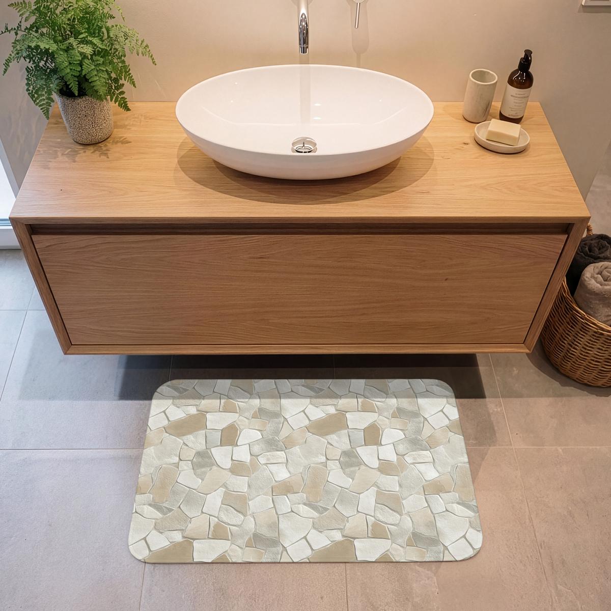 BADEMATTE Mosaik - Steine - Beige 80x50 cm - Beige/Creme, Textil (80/50cm) - OnlyWow