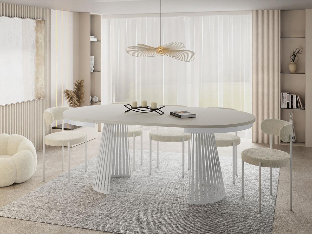 ESSTISCH Naro rund ausziehbar mit Weißem Lamellen-Metallgestell, Beige Cashmere 120-200/120/76 cm - Kaschmir/Beige, Holzwerkstoff/Metall (120/196/76cm) - WFL GROUP