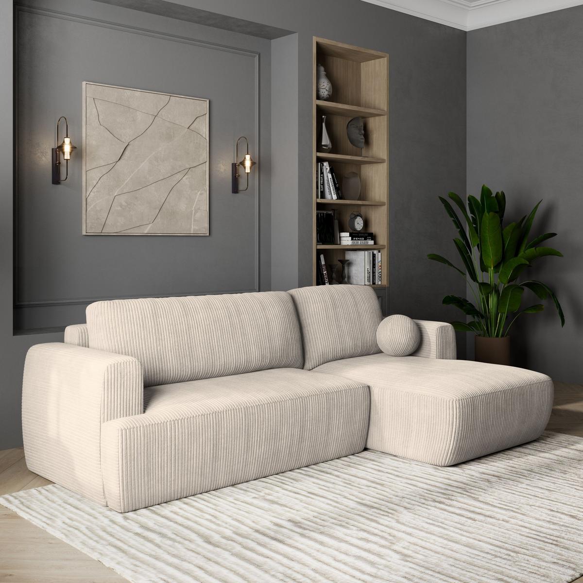 ECKSOFA SENTI P R-S Creme Kordstoff mit Schlaffunktion - Creme/Schwarz, Holz/Kunststoff (246/148cm) - MASSENO