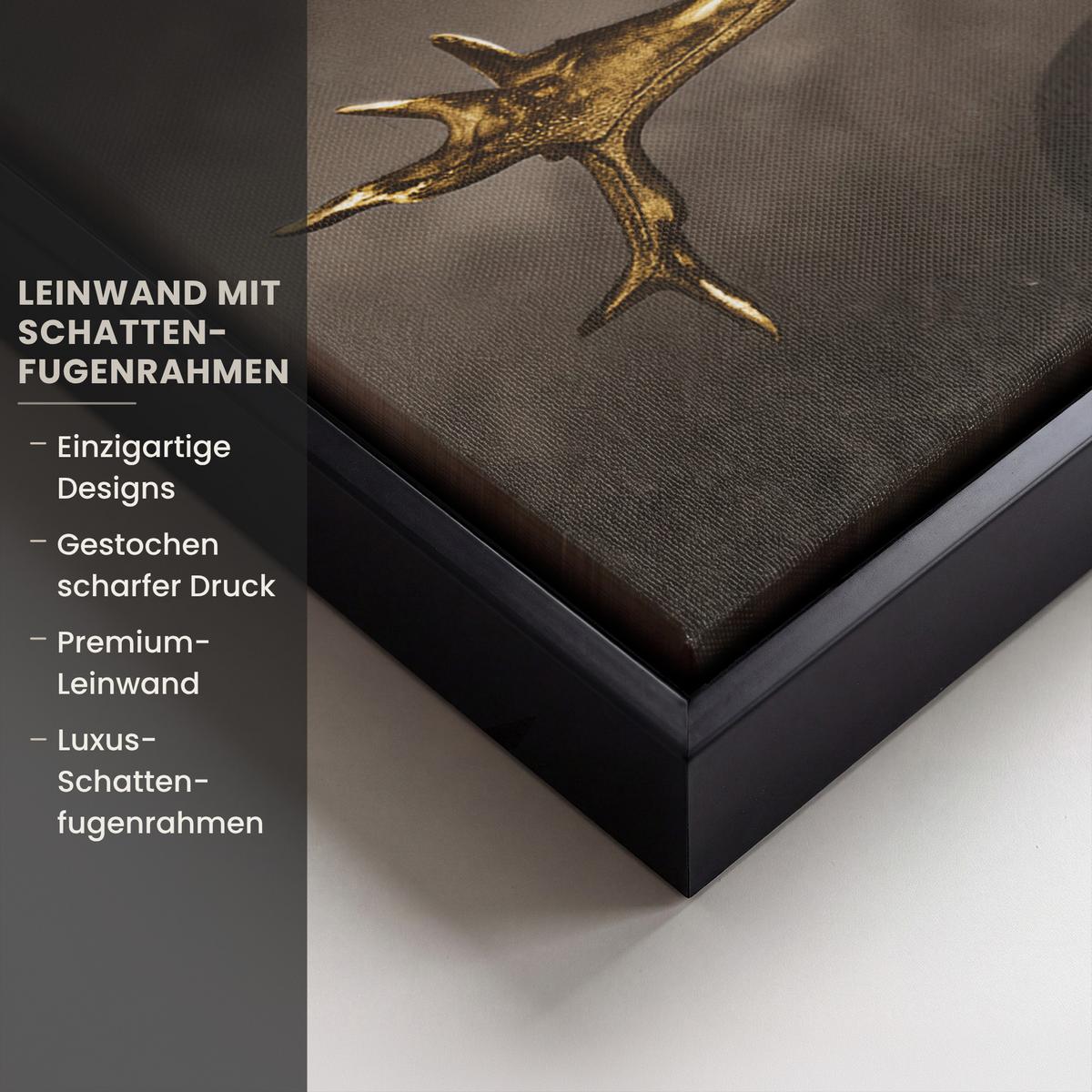 LEINWAND Bilder mit Rahmen - Rotwild - Schwarz - Gold - 30x20 - Braun, Textil (30/20cm) - MuchoWow