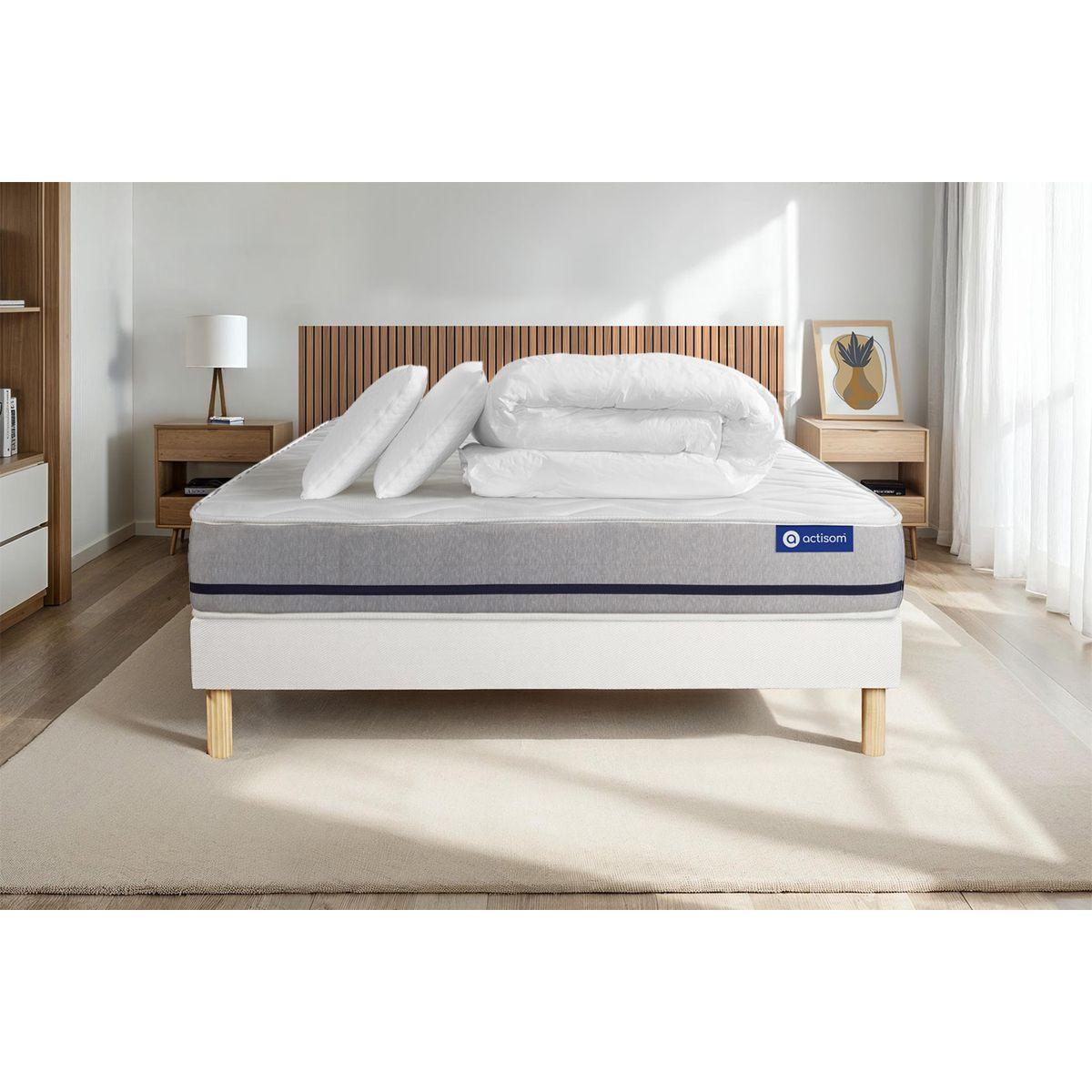 BETT Actilatex soft Latex und Memory-Schaum 140 x 200 cm h2 - Kit Bettgestell Weiß - Mit Kissen und Bettdecke - Beige/Weiß, Karton/Holz (140/200cm) - ACTISOM