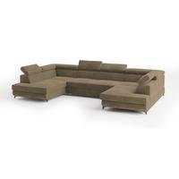 WOHNLANDSCHAFT VINTESSA Beige Velours-Stoff mit Schlaffunktion - Beige, Holz (323/89/190cm) - MASSENO