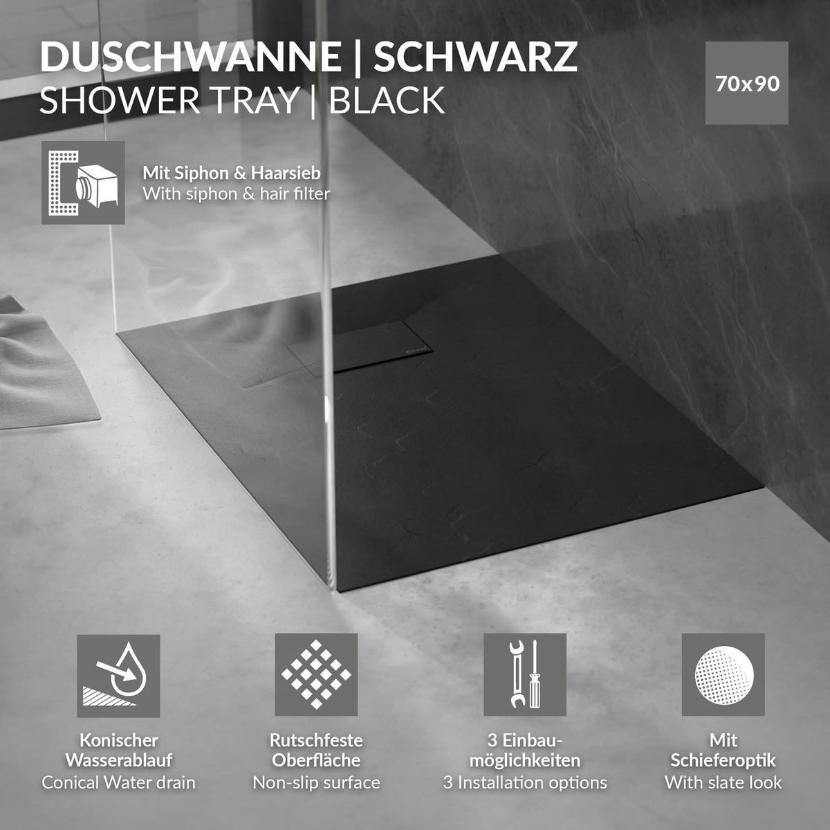 DUSCHWANNE 90x70 cm Schwarz mit Ablaufgarnitur aus SMC - Schwarz, Kunststoff (70/3/90cm) - LuxeBath
