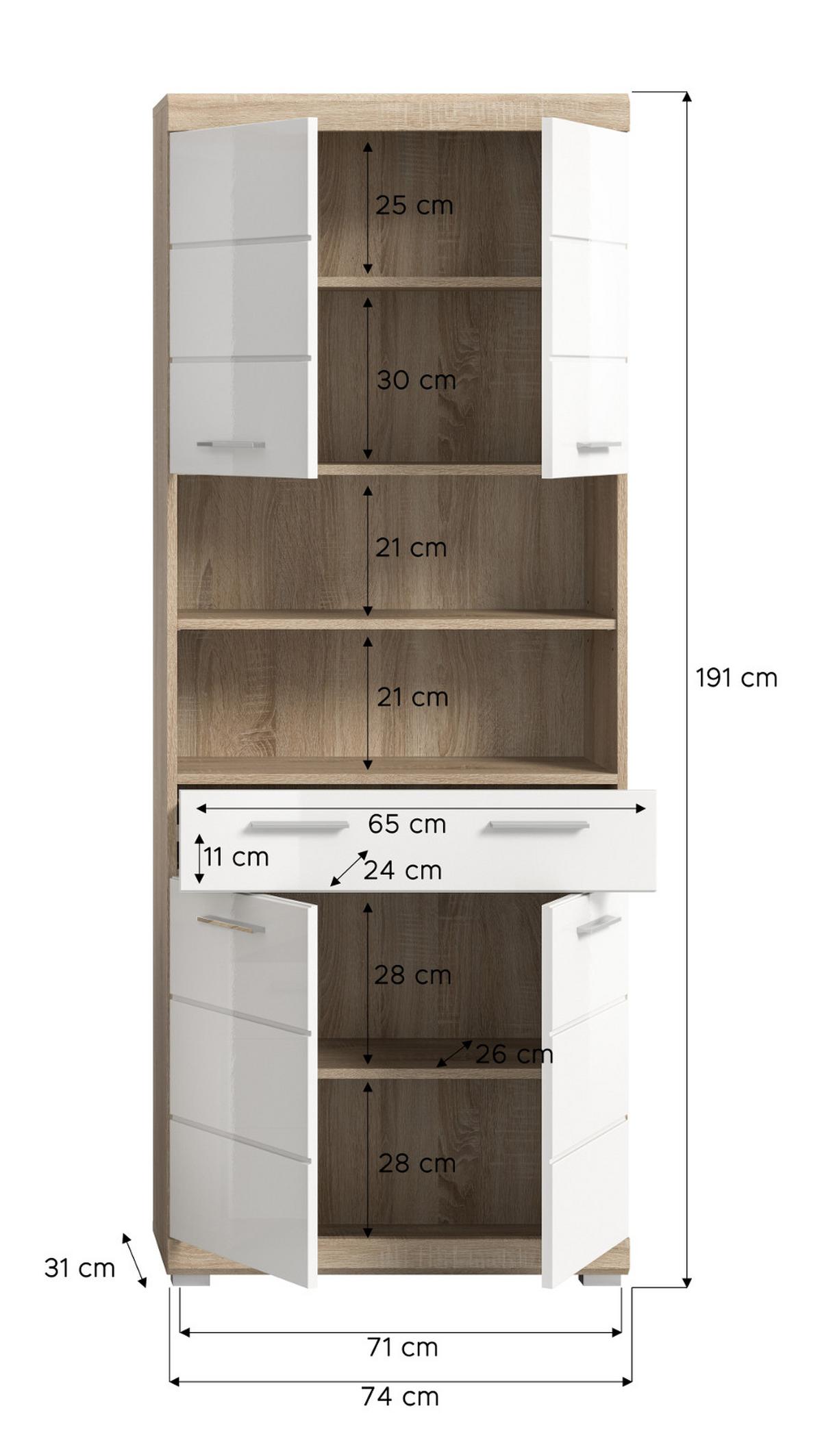 HOCHSCHRANK weiß Hochglanz, Eiche 74 x 191 cm, Badschrank mit viel Stauraum - Weiß Hochglanz/Eichefarben, Holzwerkstoff/Kunststoff (74/191/31cm) - Inn.Furn