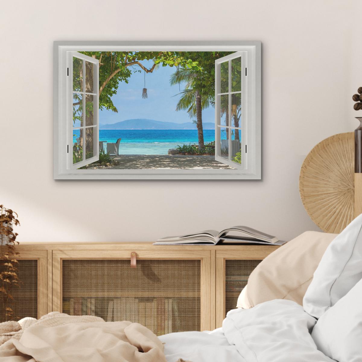 AKUSTIKBILD Aussicht - Baum - Meer - Palme - Hügel - Strand - Blau Wanddeko 70x50 cm - Blau, Kunststoff (70/50/0.9cm) - MuchoWow