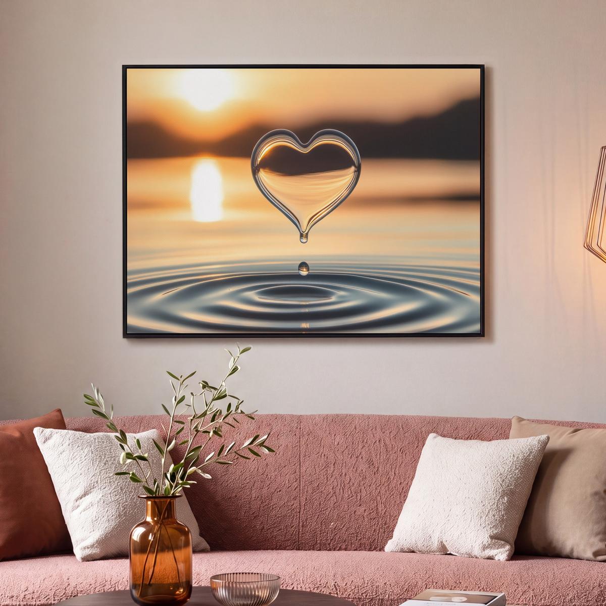 LEINWAND Bilder mit Rahmen - Herz - Wasser - Sonnenuntergang - Natur - Zen - 100x70 - Bernsteinfarben, Textil (100/70cm) - MuchoWow