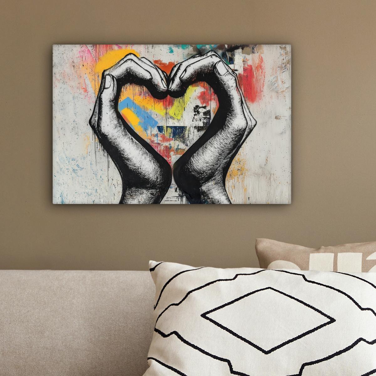 LEINWANDBILD Hände - Herz - Straßenkunst - Graffiti Deko Schlafzimmer 30x20 cm - Multicolor, Textil (30/20cm) - MuchoWow