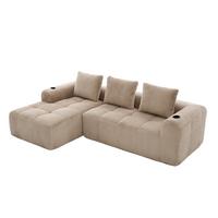 ECKSOFA 3-Sitzer mit Getränkehalter, Seitentaschen & 3 Kissen - Taupe, Textil (253/158cm) - Urban Meuble