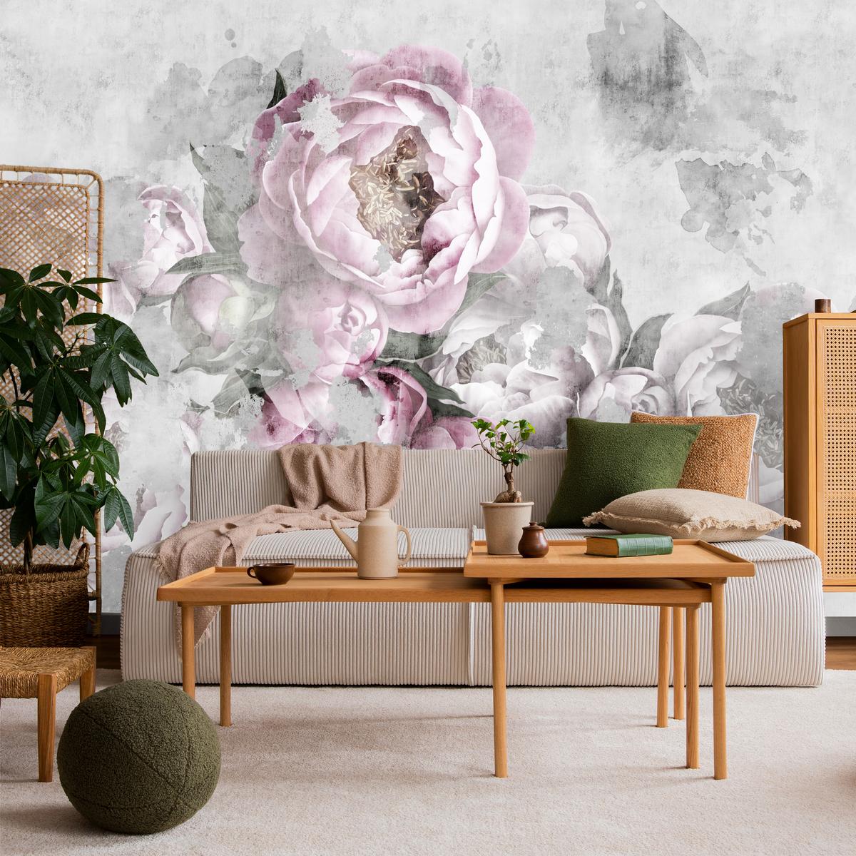 FOTOTAPETE für Küche Abstrakte Pink Pfingstrosen Beton Vintage 150x105 - Rosa/Grau, Papier (150/105cm) - Muralo