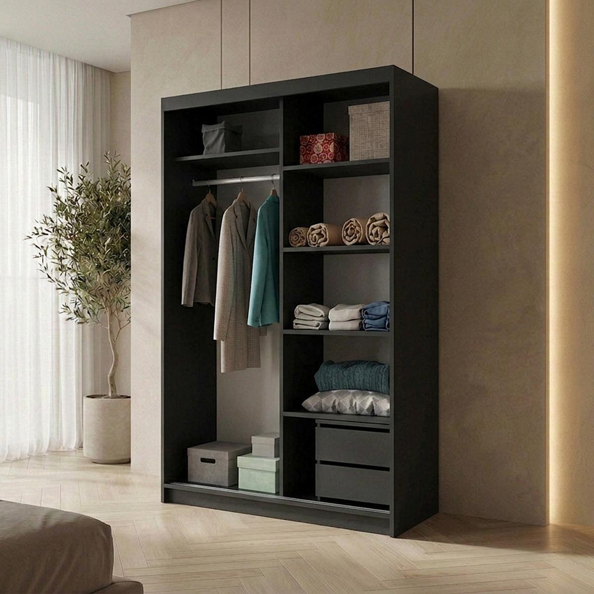 SCHWEBETÜRENSCHRANK Hela mit 2 Türen und Schubkasteneinsatz, 100 cm, Schwarz - Schwarz, Holzwerkstoff (100/205/60cm) - Beautysofa