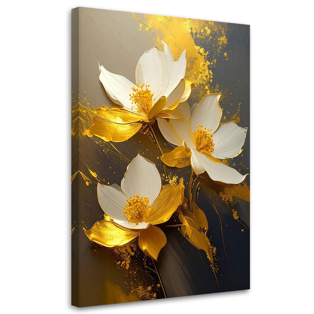 LEINWANDBILD, Weiße Magnolien mit goldenen Akzenten auf einem dunklen Hintergrund - Gelb, Textil (30/45cm) - Feeby