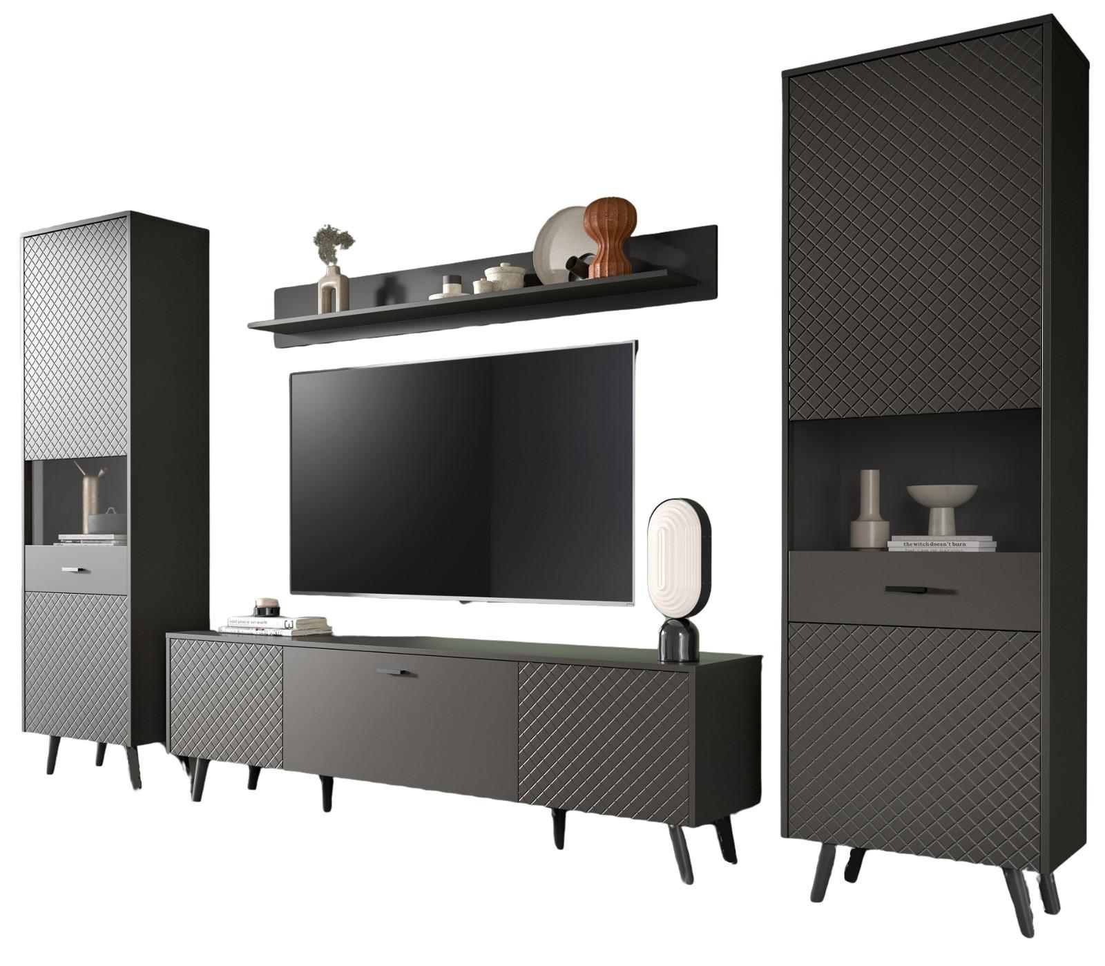 WOHNWAND grau matt 4-teilig 331 cm, Schrankwand mit Struktur - Schwarz/Grau, Glas/Holzwerkstoff (331/195/40cm) - Inn.Furn