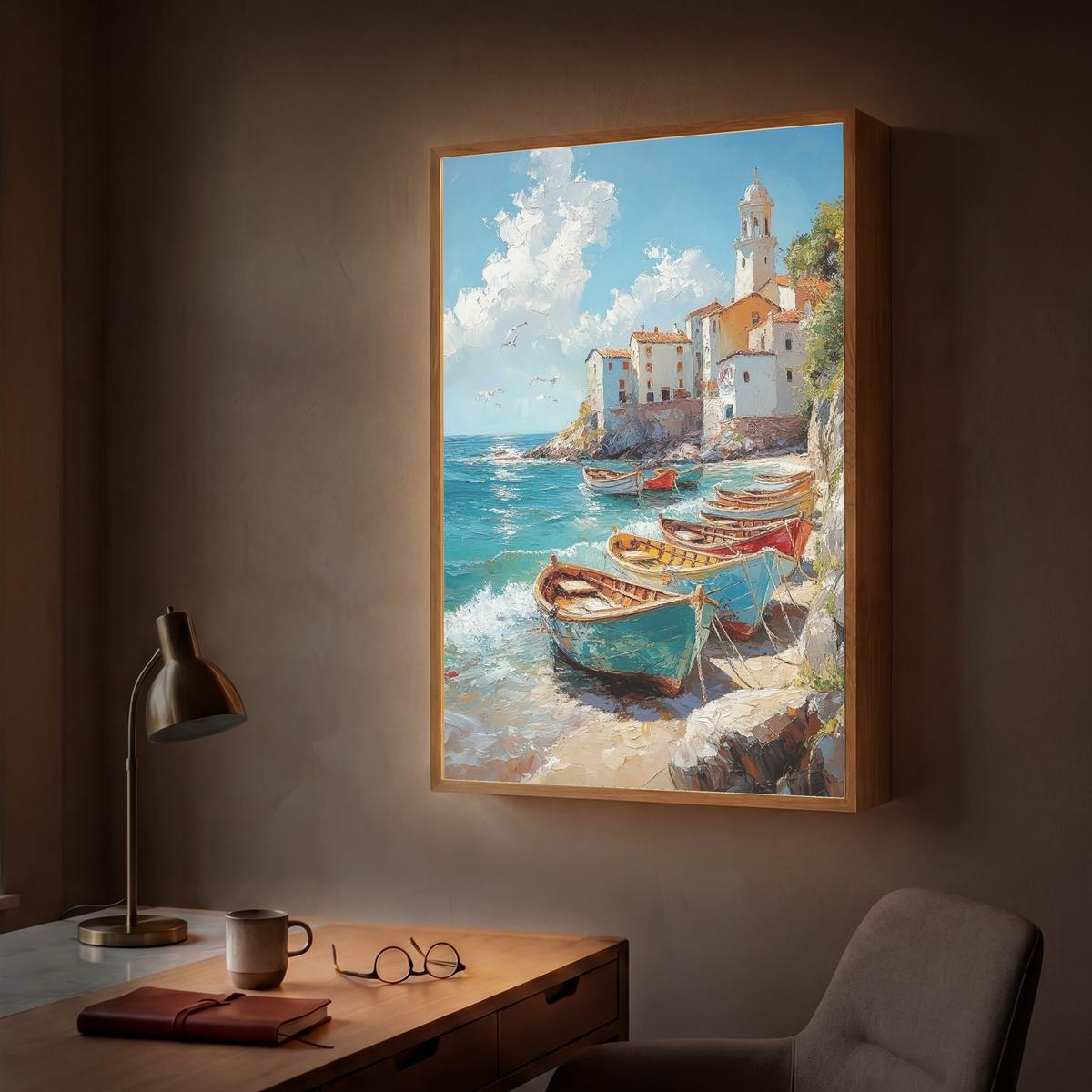 WANDLEUCHTE MIT AKKU Boote - Felsen - Meer - Sonne 70x100 cm - Blau, Holzwerkstoff (70/100/8cm) - OnlyWow