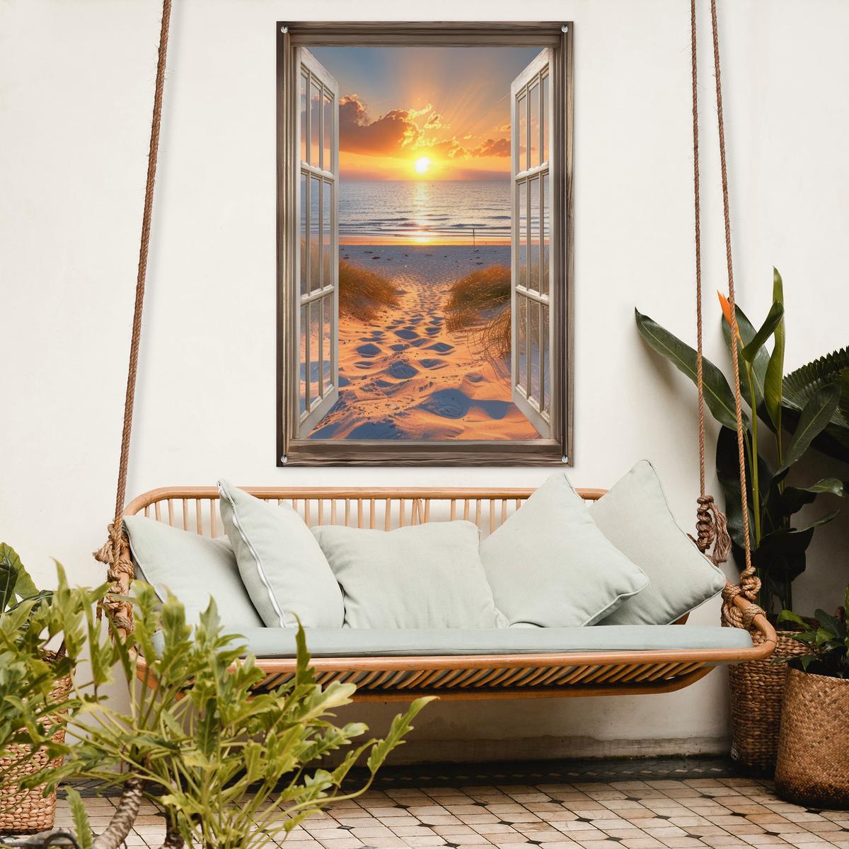 GARTENPOSTER Durchblick - Strand - Dünen - Sonnenuntergang Outdoor Bilder 80x120 cm - Orange, Kunststoff (80/120/0.2cm) - OnlyWow