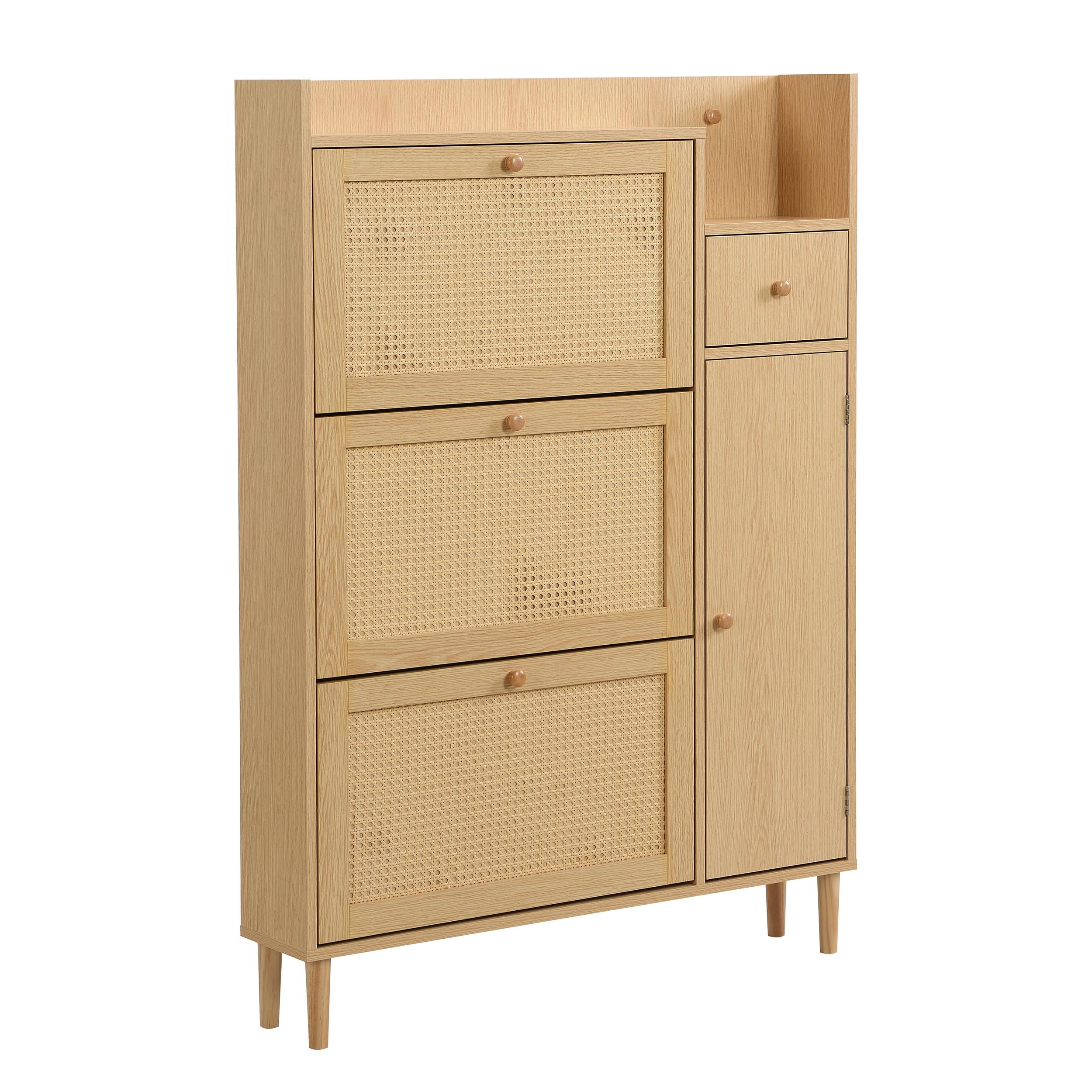 SCHUHSCHRANK Rattan Platzsparender mit 3 Kipp-Türen & 1 Schublade - Eichefarben, Holzwerkstoff (90/125/17cm) - Urban Meuble