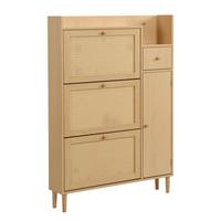 SCHUHSCHRANK Rattan Platzsparender mit 3 Kipp-Türen & 1 Schublade - Eichefarben, Holzwerkstoff (90/125/17cm) - Urban Meuble