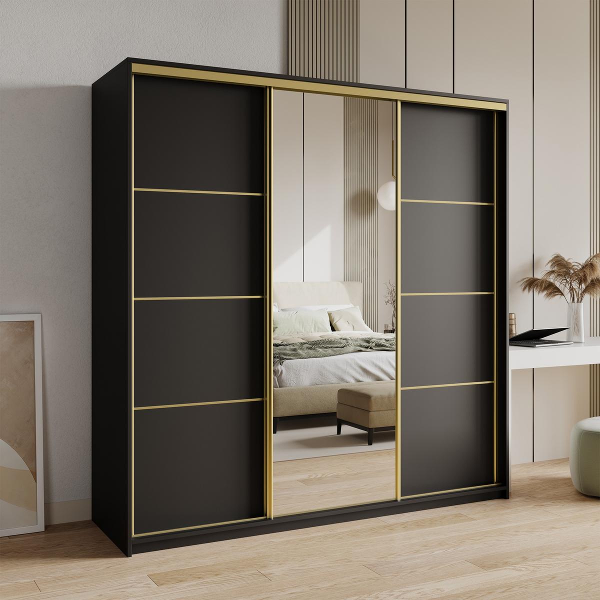SCHWEBETÜRENSCHRANK VARO 200/205/60 cm 3-türig mit Spiegel Schwarz - Schwarz, Holzwerkstoff (200/205/60cm) - MASSENO