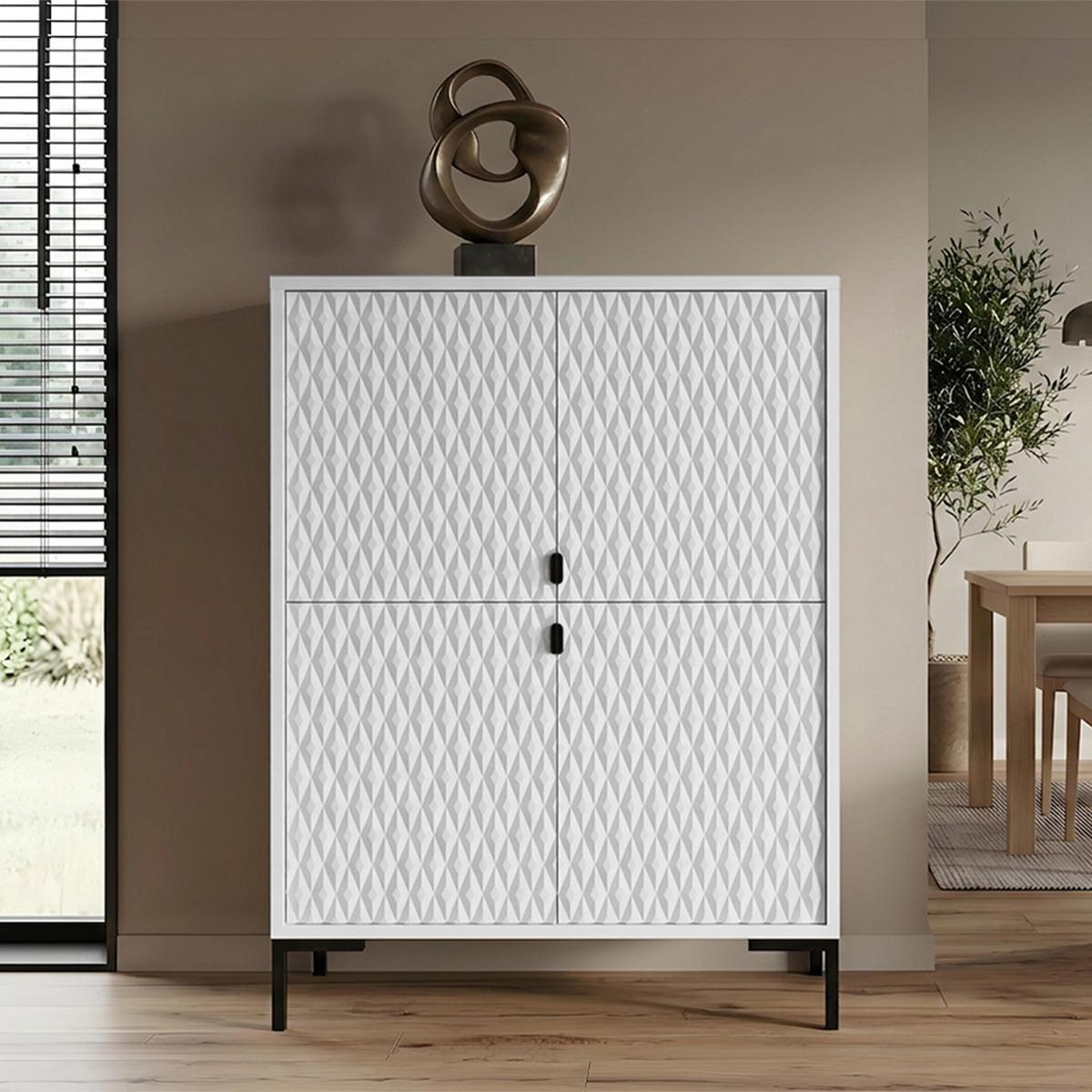 KOMMODE Montreal mit 4 Türen, dekorative 3D-Fronten, Highboard 100 cm, Weiß - Schwarz/Weiß, Holzwerkstoff/Metall (101/113/40cm) - Beautysofa
