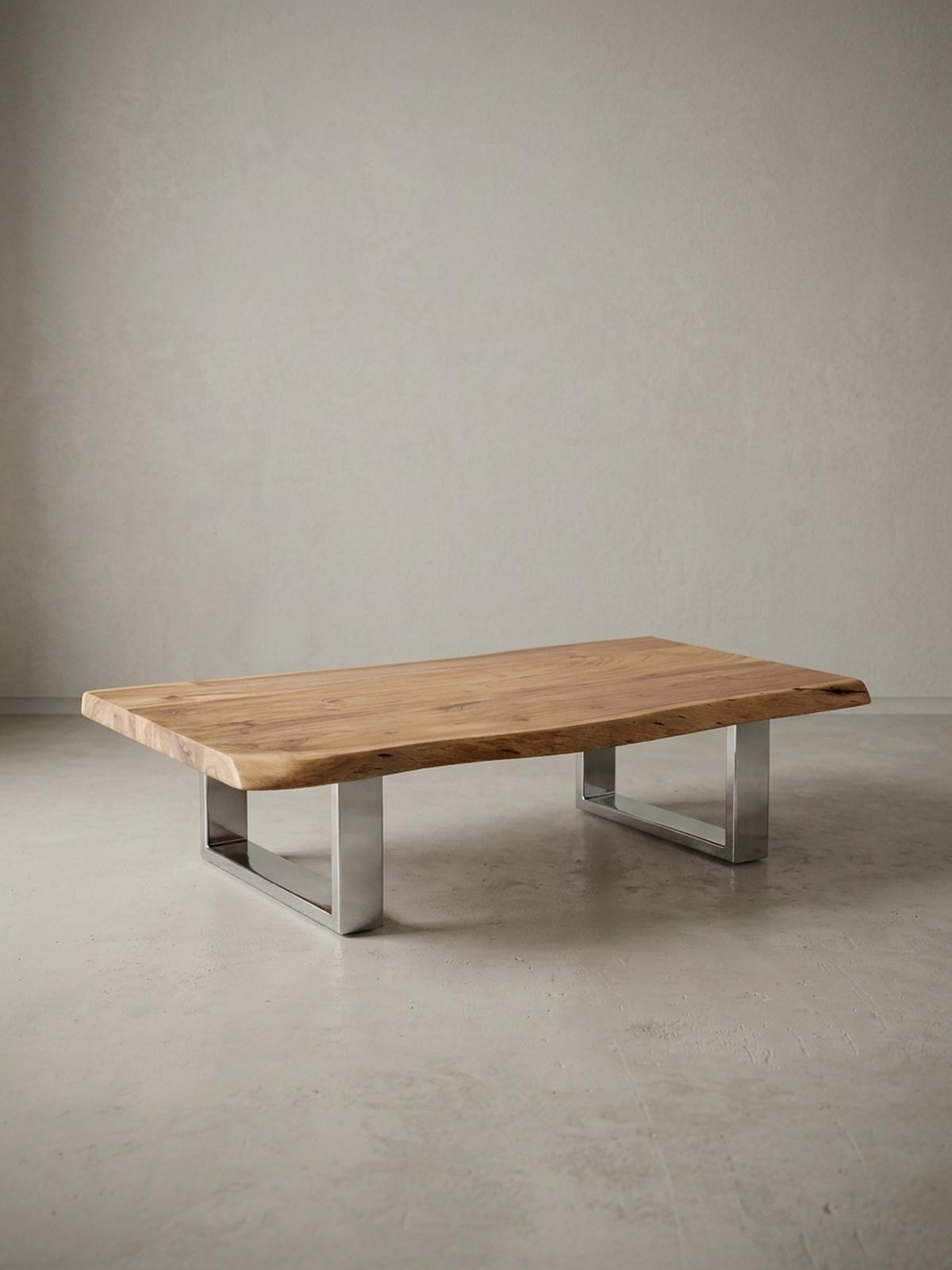 COUCHTISCH Akazienholz Massiv, Baumkanten Design, Landhausstil, Metallbeine Stabil - Beige/Silberfarben, Holz/Metall (58/115/25cm) - KADIMA DESIGN