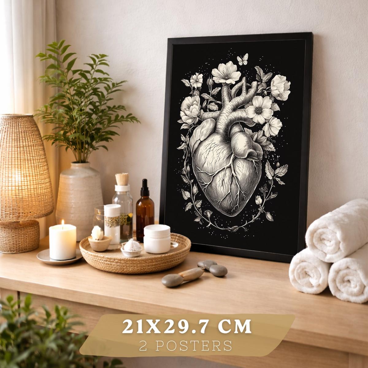 POSTER Set aus 2 Anatomie Mensch Drucke und Wandbilder mit Gehirn und Herz Monochromes Florales Design Schwarzer Hintergrund Größe Schwarzer Rahmen A4 - Schwarz, Papier (21/29.7/3cm) - Nacnic