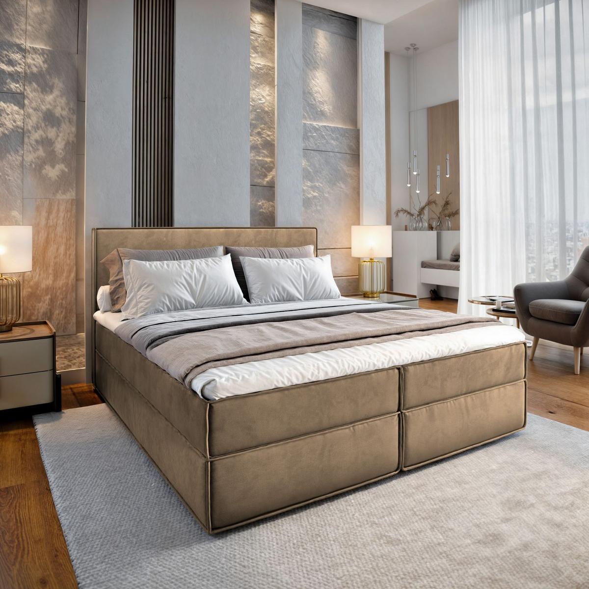 BOXBETT PELLIO 180x200 cm mit Matratze und Topper - Beige - Beige, Holz (180/200cm) - MASSENO