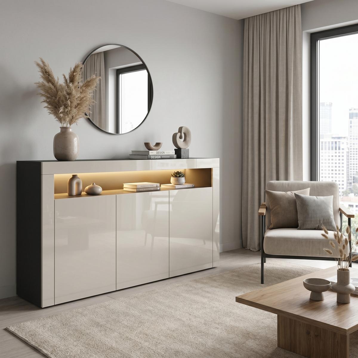 SIDEBOARD Valencia Sandgrau Hochglanz / Sandgrau Hochglanz - Sandfarben, Holzwerkstoff (155/92/40cm) - Vladon